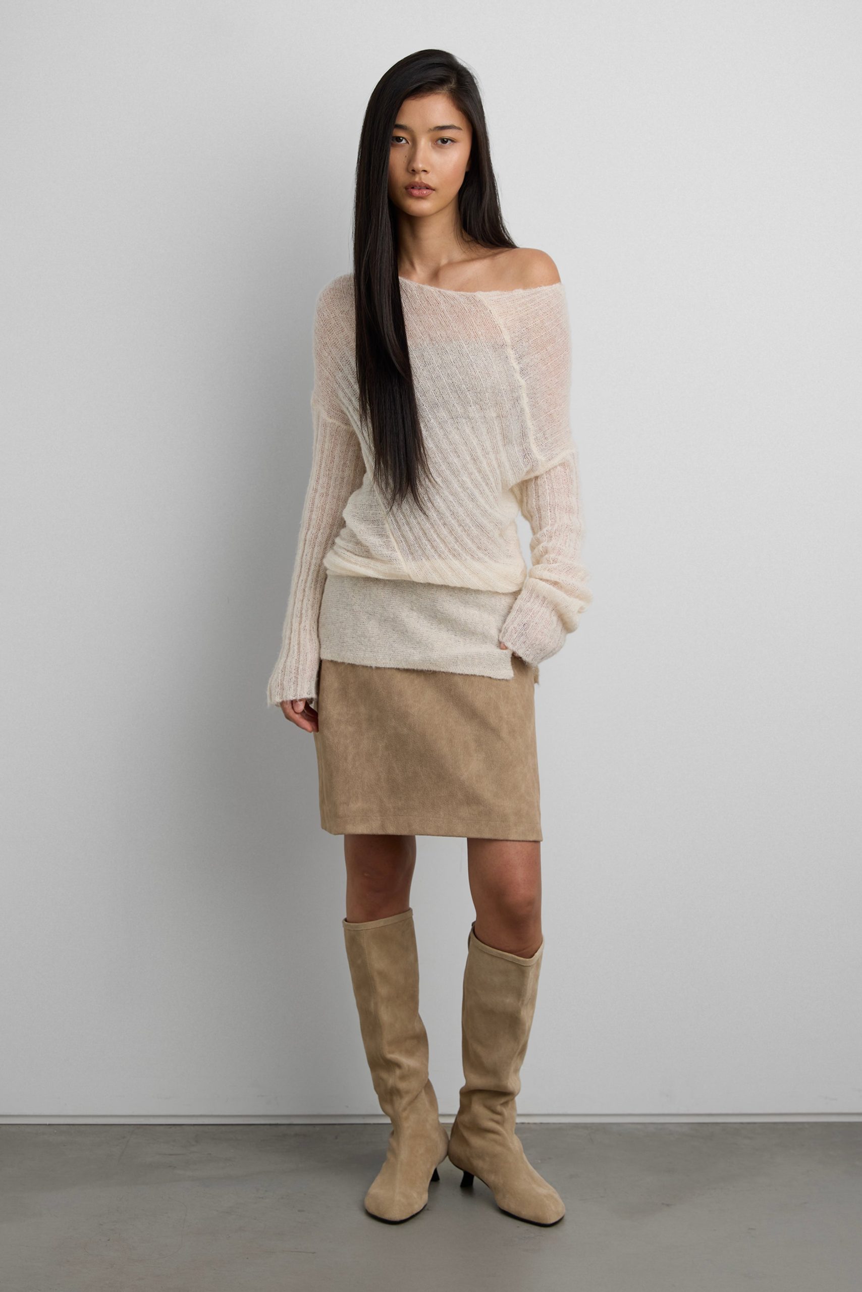 LIGHTWEIGHT ASYMMETRIC RIB OFF THE SHOULDER SWEATER